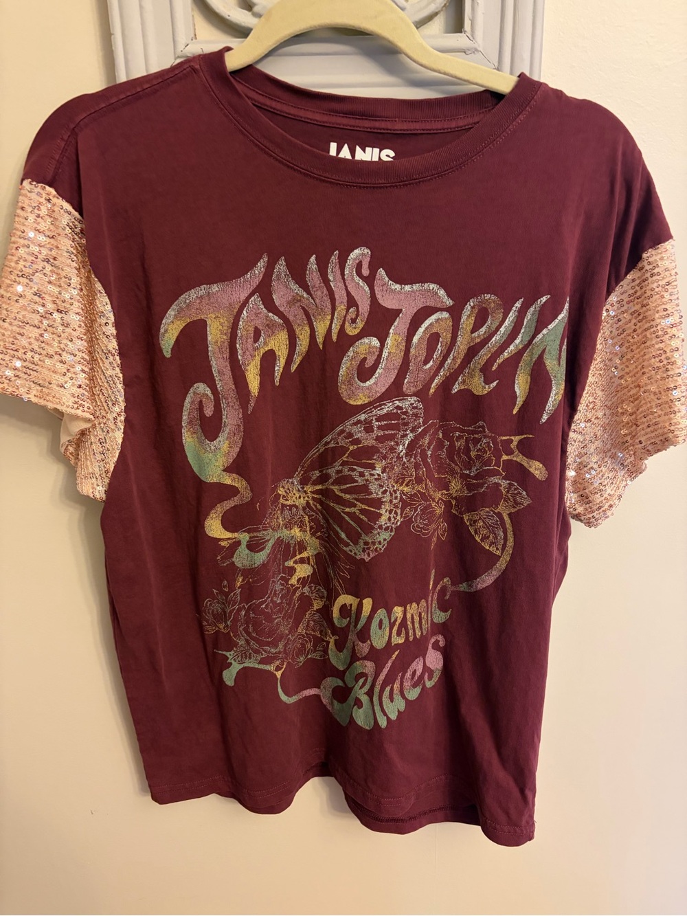 Janis Joplin Graphic Tee with Sequin Short Sleeves - Maroon